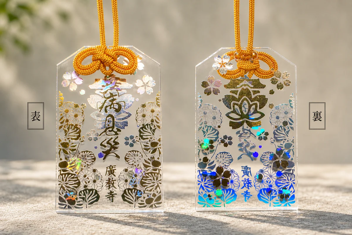 Koukyouji original acrylic omamori — front and back